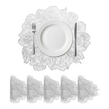 Floral Placemats Set of 6 Round Metallic Vinyl Pressed Placemats, Silver
