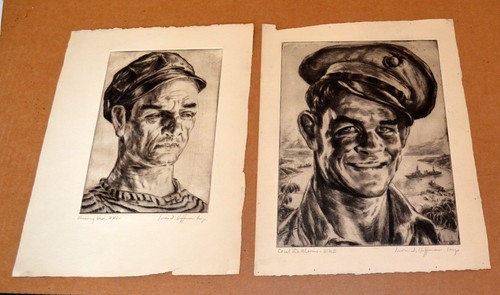 Pair wwii etchings by - pair,