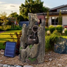 Solar Walnut Log Fountain Outdoor Water Feature Waterfall LED Light Garden Decor