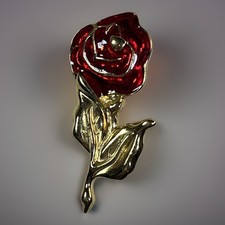 Shiny Red Enamel Single Stem Blooming Rose Brooch Gold Tone Flower