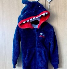boys pyjamas age 5-6 yrs SHARK one piece jumpsuit fleece navy blue F&F fluffy..