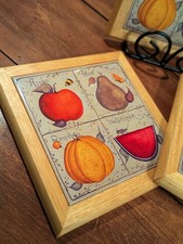 Set of 3 Framed Ceramic Tile Trivets – Apple, Pear, Pumpkin, Watermelon –Kitchen