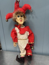 Vintage Czech Jester Marionette Puppet Red & White Costume Bells Wooden Hands