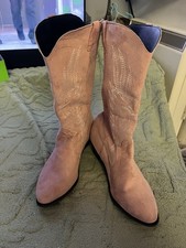 Ladies Pink Embroidered Faux Suede Pull On Cowboy Boots Size 7.5
