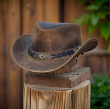 Western Cowboy Hat Mens Real Leather Australian Style Tan Crazy Horse Bush Hat