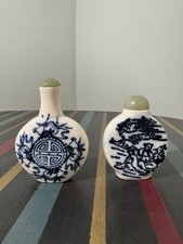 Set Of 2 Vintage Chinese Porcelain Snuff Bottles, Blue & White Graphic Jade Top