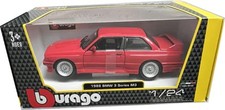BMW 3 Series M3 1988 in red, 1:24 scale diecast model from Bburago, 18-21100R