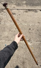 Antique Walking Cane With Treen Rounded Pommel Top & Brass Collar 