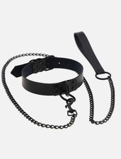 Bondage Collar and Chain Restraint Leash Faux Leather Choker Fetish Black BDSM