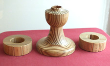 3 HANDCRAFTED ROUND WOOD TURNED CANDLE HOLDERS - TEA LIGHTS & CANDLESTICK