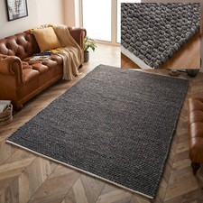 SMALL LARGE THICK DARK CHARCOAL GREY PEBBLES BOBBLY 100% WOOL 3D SAVANNAH RUG