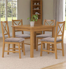 Dining Table Set, Small Extending Table with 4 Cross Back Oak Chairs, Grey Seat