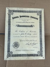 Vintage NATIONAL HAIRDRESSERS FEDERATION Tin Certificate Wall Sign E150