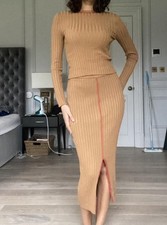 Zara Co Ord Set Ribbed Camel Skirt Contrasting Red Piping Sweater S Bloggers