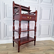 Antique Eastlake 3 Tier Mahogany Hall Stand Side Table - Drawer & Mirror Back