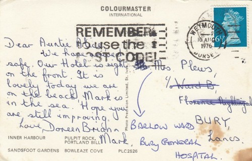 Postcard genealogy alice plews - postcard,
