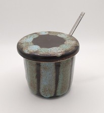 Vtg Preserve Pot Studio Pottery Jam Chutney Ceramic Glazed Stoneware Metal Spoon