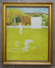 Cricketers on the Pitch. Peter Unsworth Attr. Original Vintage Oil