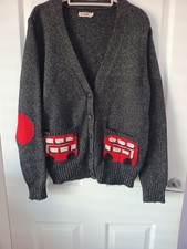 cath kidston dark grey cardigan with red double decker buses on pockets