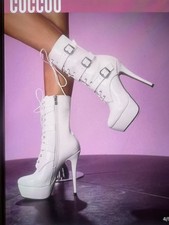 Women’s Sexy Thick Sole Ultra High Stiletto Mid-Calf Boot-Bright White Buckle 