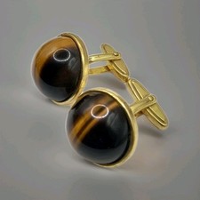 Pair Of Chunky Vintage Gold Plated Tiger's Eye Cufflinks . 1970s Mid Century 