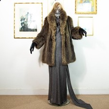 Vintage 1970s Italian Real Raccoon Fur Coat in Natural Brown Tones Wide Cuffs M