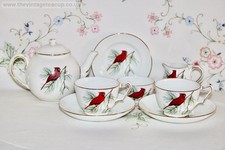 RARE Crown Staffordshire ' Red Cardinal Bird ' Bone China Tea Set Teapot Cup Jug