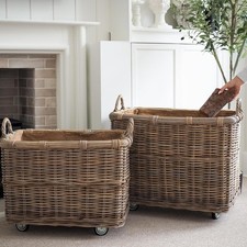 Extra Large Rattan Log Basket With Wheels, Rustic Firewood Storage 50x76cm