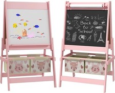 Kids Blackboard Two Storage Baskets Drawing Whiteboard Art Easel Paper Roll Pink