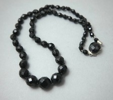 Vintage 1950s French jet glass graduated knotted bead necklace 