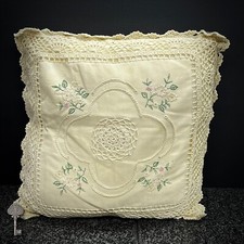 VINTAGE HAND EMBROIDERED CROCHET LACE CUSHION COVER SHABBY CHIC COTTON