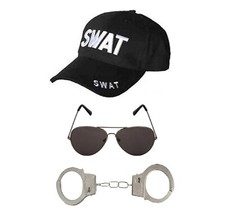 Adults SWAT Fancy Dress 3 Piece Costume Set Military Hat Glasses Handcuffs Hen