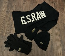 Men Black G-Star Knitted Hat, Gloves And Scarf Set New!!