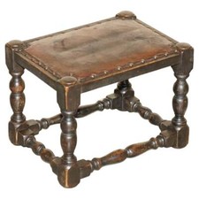 ANTIQUE EDWARDIAN BROWN LEATHER & ENGLISH OAK CIRCA 1900-1910 SMALL FOOTSTOOL