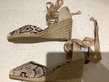 BNWT LADIES' HESSIAN WEDGE SANDALS ANIMAL PRINT &TIE RIBBON AROUND ANKLES 5