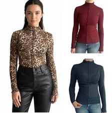 Ladies Marks Lyocell Wool Top Funnel Neck Red Grey Leopard Long Sleeve Jumper