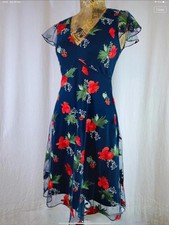 Monsoon Navy Red Floral Embroidered Mesh Midi Dress UK 8 Petite Flutter Sleeves