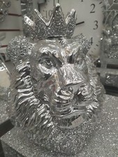 Silver Chrome Crushed Diamond Lion King Face Crystal Ornament Statue Shelf Décor