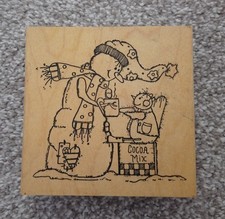 Wooden Rubber Stamp - Christmas - Snowman with Cocoa - Large Stamp