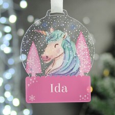 Personalised Unicorn Acrylic Snow globe Decoration, Children's Christmas Bauble
