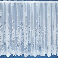 Floral Flowers White Cheap Net Curtain With Scalloped Bottom - Sold By The Metre