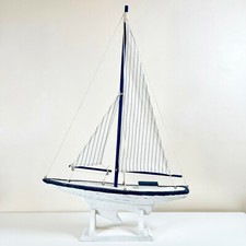 White Sailing Yacht Collectable Model 66cm Nautical Wood Boat Fabric Sail Large 