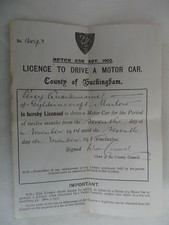 1914 DRIVER'S LICENCE Issued in County of Buckingham