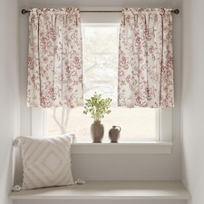 TOPICK Linen Blend Red Floral Kitchen Curtains 36 Inch Drop Small Cafe Curtains