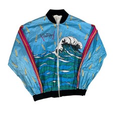 Vintage 1980s BEACH BOYS Tyvek Windbreaker Jacket All Over Print Blue Mens LARGE