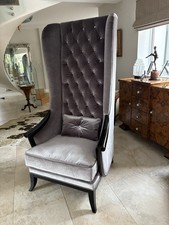 Silver Velvet Large Throne Chair with dark wooden arms and legs