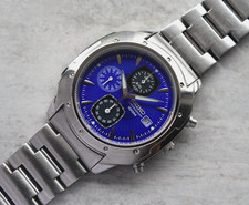 Seiko Men's Watch 100m Alarm Chronograph Blue Dial Date Bracelet Rare Watch