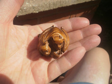 1a. Hand Carved boxwood netsuke Bat pair cuddle on fruity branch collectable fig