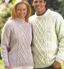Aran Sweater Knitting Pattern Ladies and Mens with Diamond cable 30-52" 796