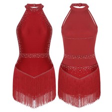 Womens Tassel Leotard Dress Halter Fringe Rhinestone Tango Latin Jazz Costume